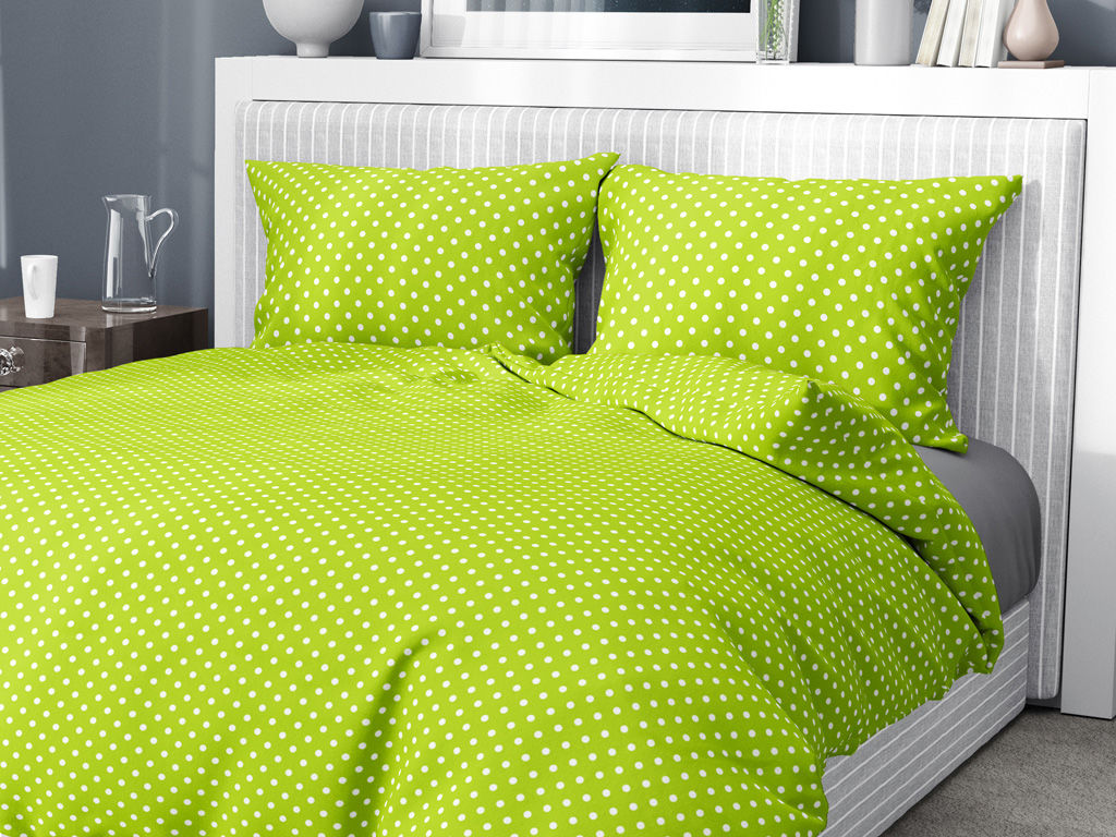 Bavlnené posteľné obliečky - biele bodky na svetle zelenom