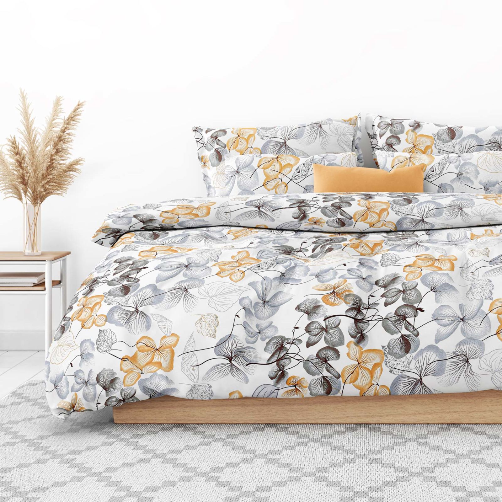 Bavlnené posteľné obliečky - sivo-hnedé kvety s listami