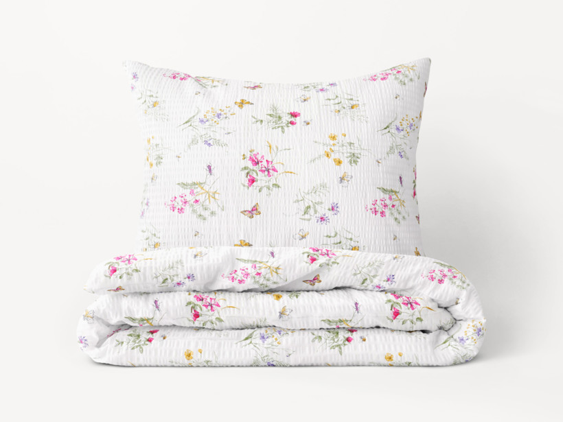 Krepové posteľné obliečky - farebné lúčne kvety na bielom