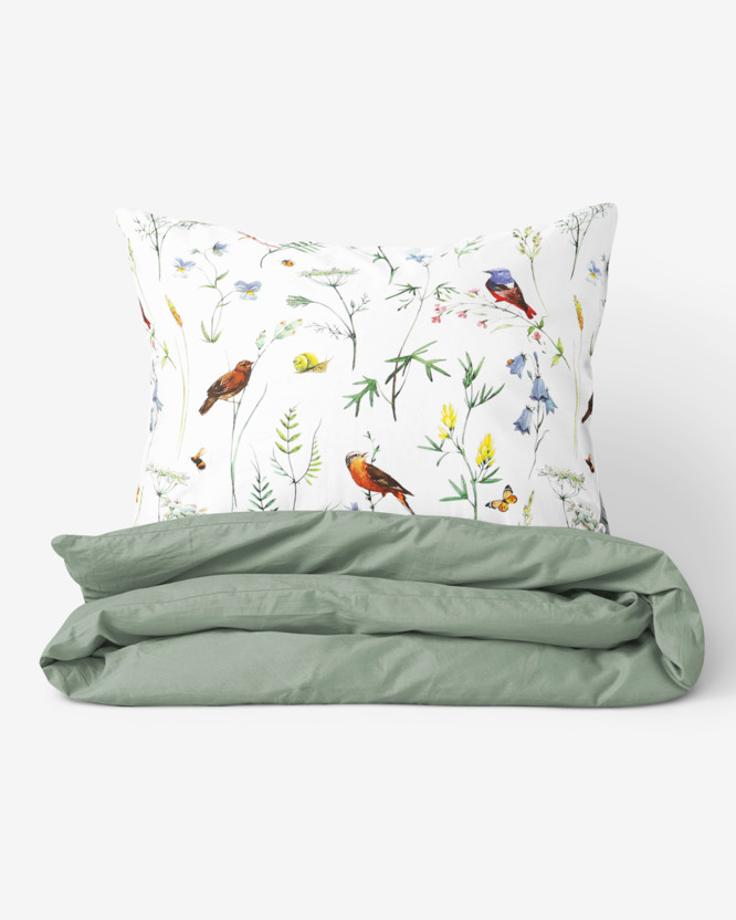 Bavlnené posteľné obliečky Duo - život v prírode s šalvejovo zelenou