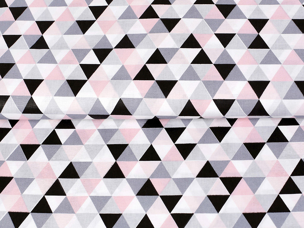 Bavlnené plátno - ružové a sivé trojuholníky