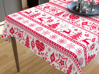 Vianočný bavlnený obrus - vzor červené vianočné symboly na bielom