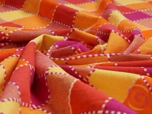 Bavlnený záves na mieru KANAFAS - vzor kocka veľká štep oranžová-ružová-žltá