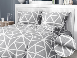 Krepové posteľné obliečky Deluxe - vzor 1049 biele geometrické tvary na sivom