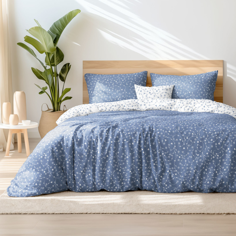 Bavlnené posteľné obliečky - kvietky a motýle s modrosivou