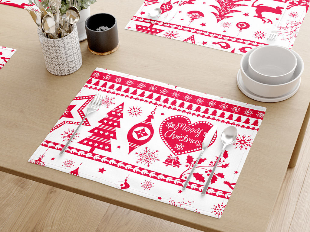 Vianočné prestieranie na stôl 100% bavlnené plátno - červené vianočné symboly na bielom - sada 2ks