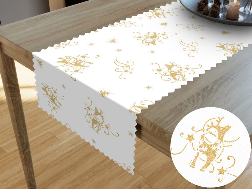 Behúň na stôl teflónový - zlatí vianoční sobi na bielom