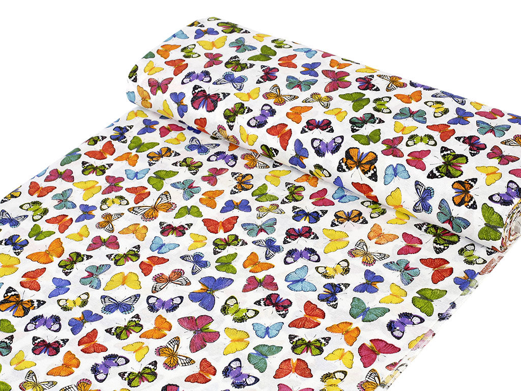 Dekoračná látka Verona - farební motýle na bielom