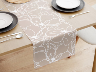 Behúň na stôl 100% bavlnené plátno - biele kvety na svetlo béžovom