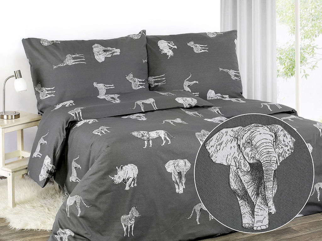 Bavlnené posteľné obliečky - africká zvieratá na tmavo sivom