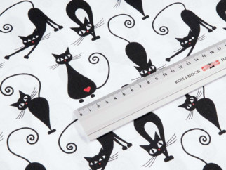Bavlnené plátno Simona - vzor čierne mačky na bielom - metráž š. 145 cm