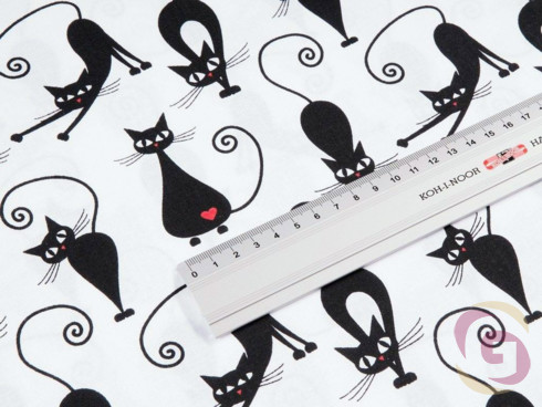 Bavlnené plátno SIMONA - vzor čierne mačky na bielom