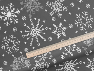 Bavlnená látka - vianočný vzor snehové vločky na sivom - metráž š. 150cm