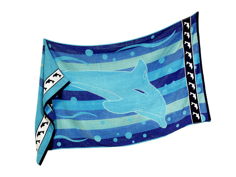 Veľká froté plážová osuška - delfín 90x165 cm - modrá