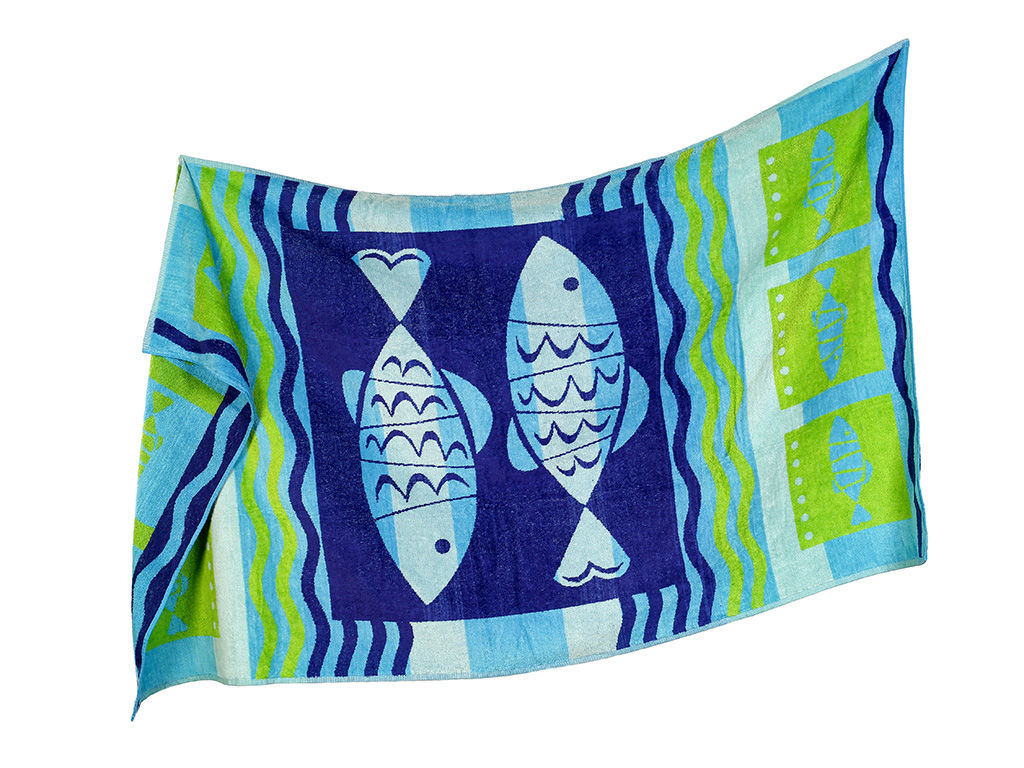 Veľká froté plážová osuška - rybičky 90x165 cm - modrá