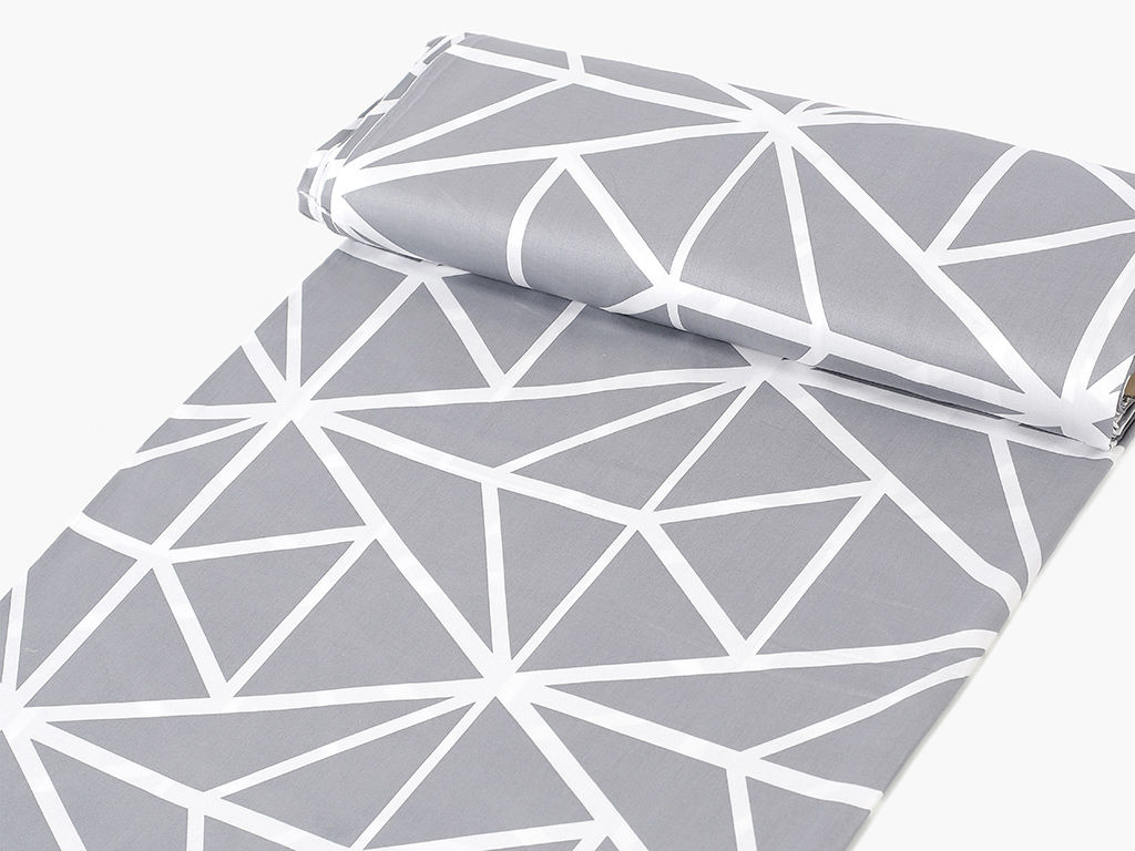 Bavlnený satén Deluxe - biele geometrické tvary na sivom