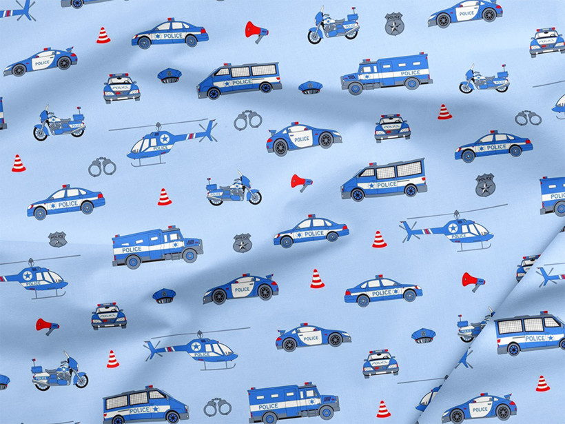 Bavlnené plátno - policajné autá na svetlo modrom