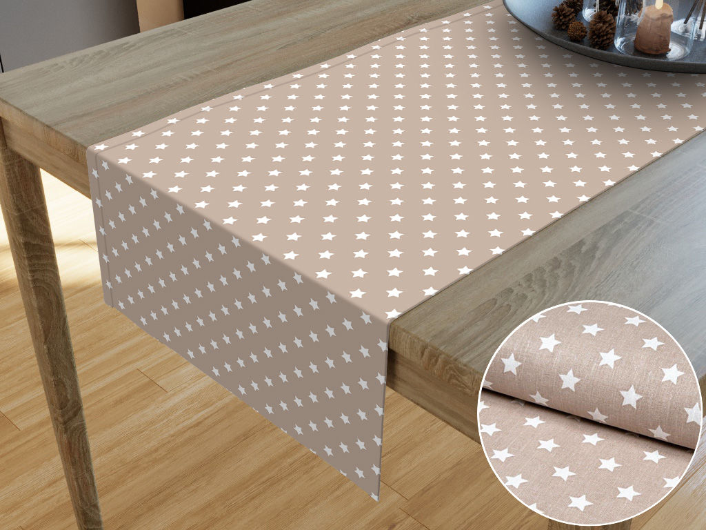 Behúň na stôl 100% bavlnené plátno - biele hviezdičky na béžovom