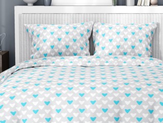Bavlnené posteľné obliečky - vzor 526 tyrkysová srdce na sivom