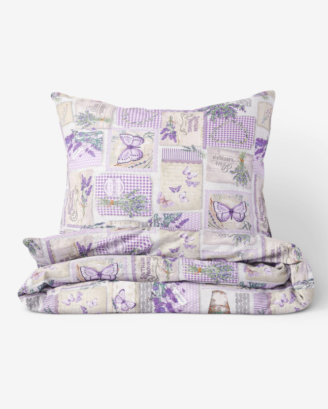 Bavlnené posteľné obliečky - patchwork levanduľou s motýľmi