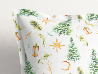 Vianočná bavlnená obliečka na vankúš s ozdobným lemom - stromčeky a zlaté hviezdy