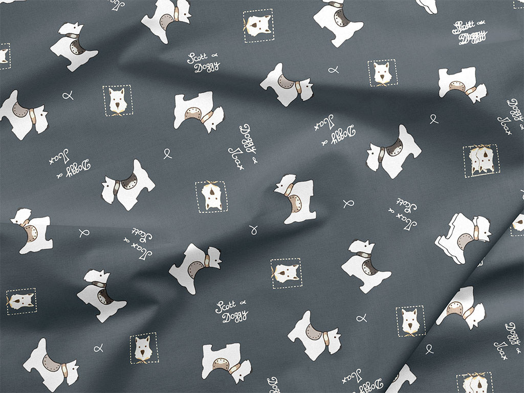 Bavlnené plátno - psíkovia Scotty & Max na sivomodrom