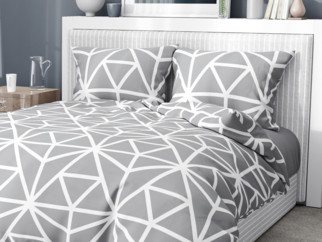Saténové posteľné obliečky Deluxe - vzor 1049 biele geometrické tvary na sivom