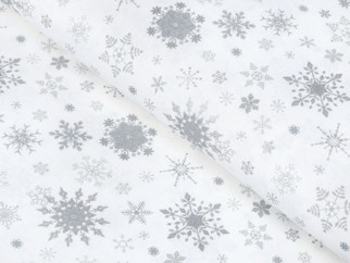 Exkluzívne bavlnené plátno SIMONA - vianočný vzor X-28 strieborné vločky na bielom - metráž š. 150 cm
