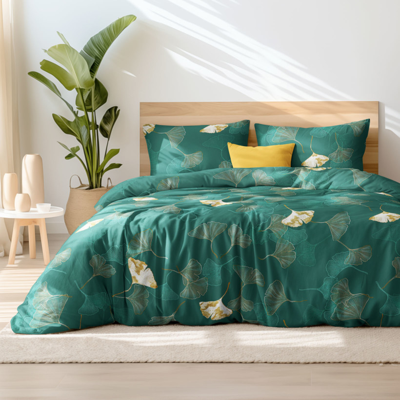 Bavlnené posteľné obliečky - listy ginkgo na tmavo zelenom