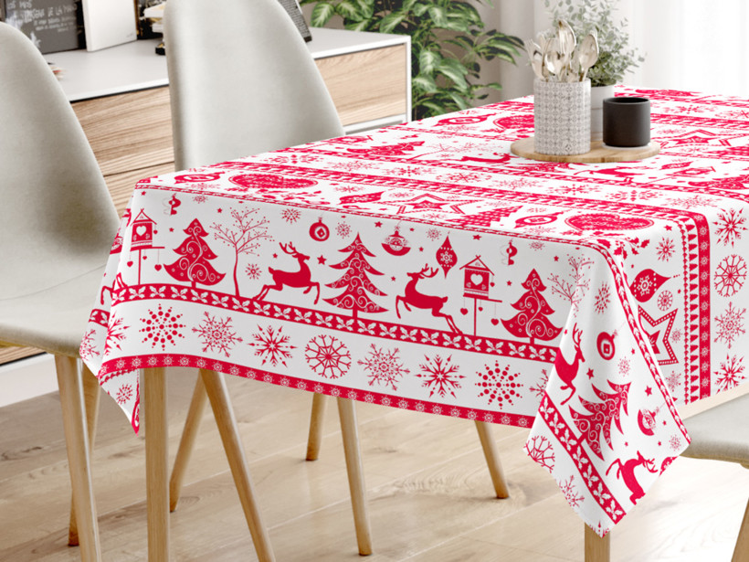 Vianočný hranatý obrus 100% bavlnené plátno - červené vianočné symboly na bielom