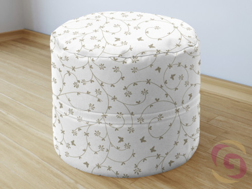Bavlnený sedacie bobek - vzor zlatisto béžové kvietky a motýle na bielom