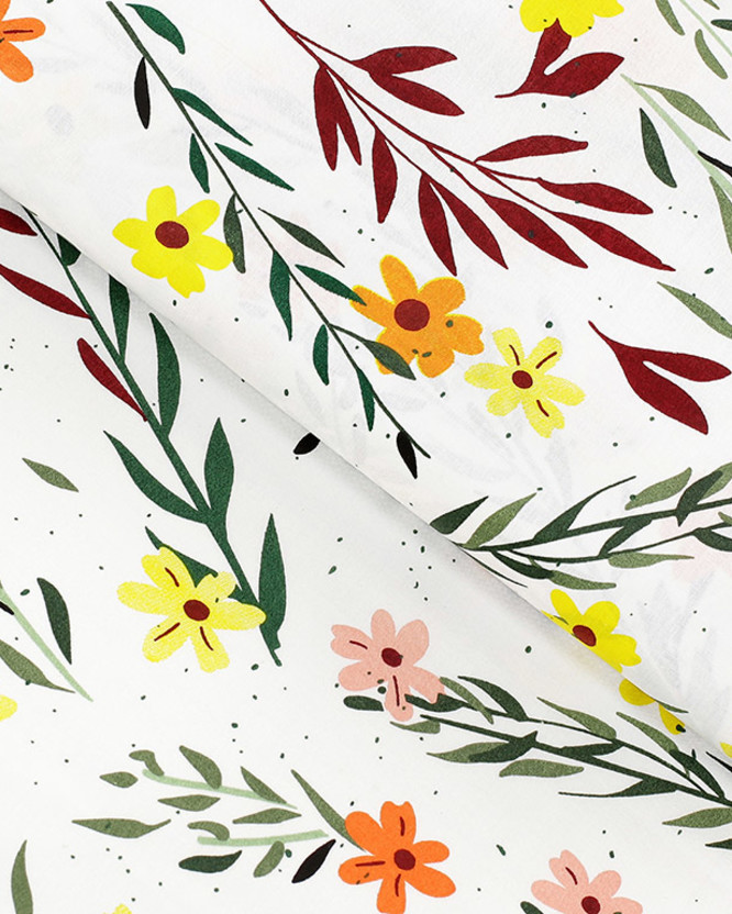 Bavlnené plátno - maľované kvety s lístkami