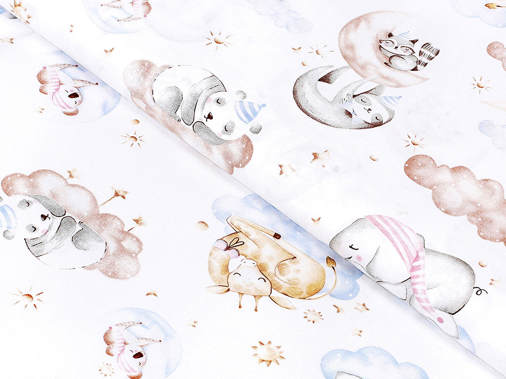 Bavlnené plátno - spiace zvieratká v oblakoch