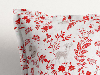 Dekoračná obliečka na vankúš s ozdobným lemom LONETA - vzor červené lúčne kvety so zvieratkami