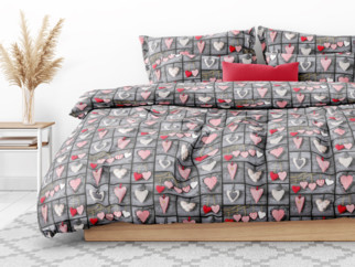 Bavlnené posteľné obliečky - vzor 524 červená srdce na tmavo sivom