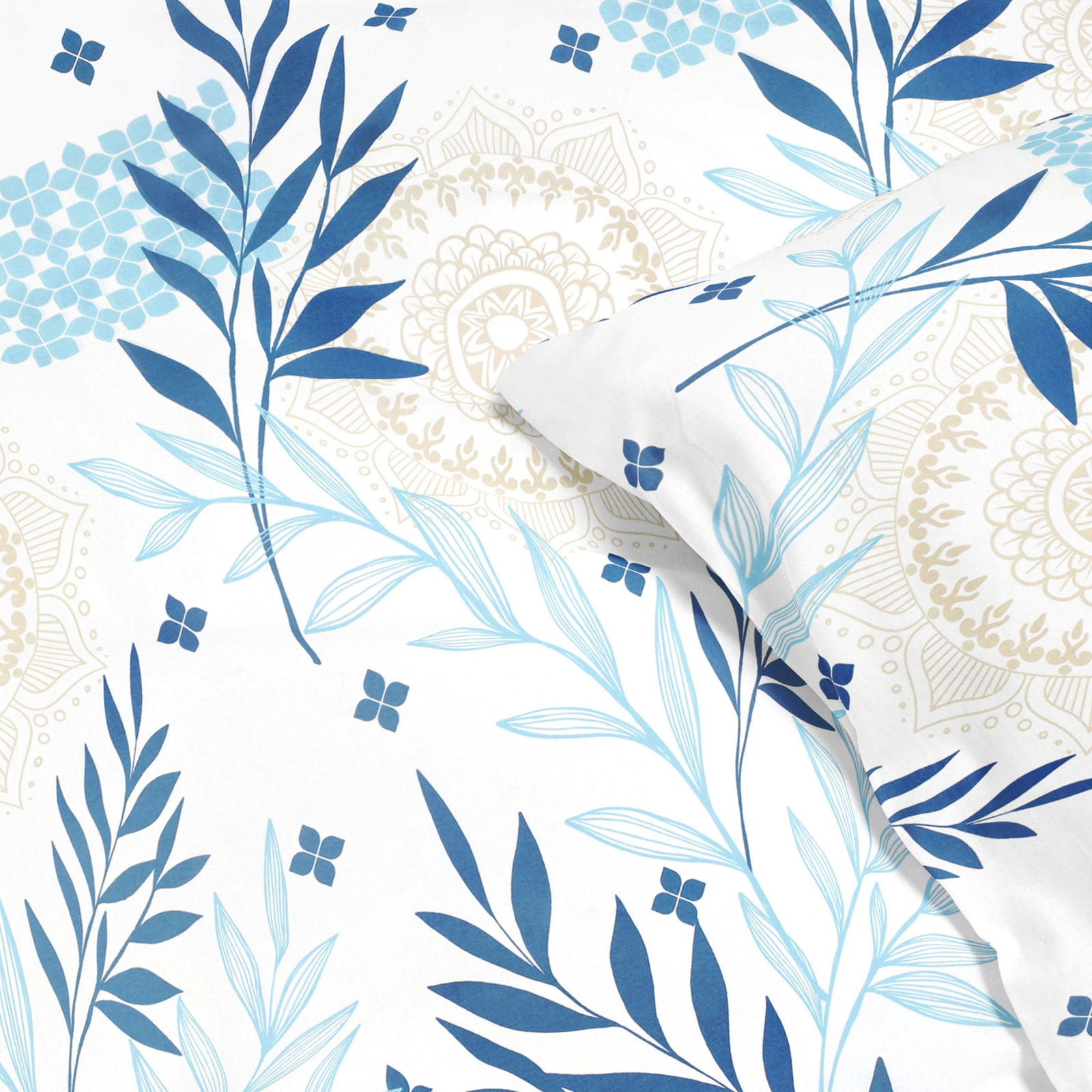 Bavlnené posteľné obliečky Deluxe - mandaly s modrými lístkami
