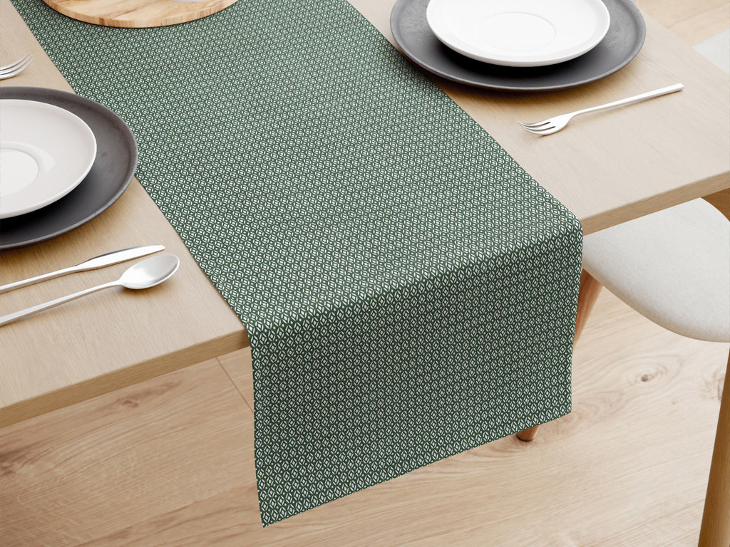 Behúň na stôl 100% bavlnené plátno - geometrické tvary na tmavo zelenom