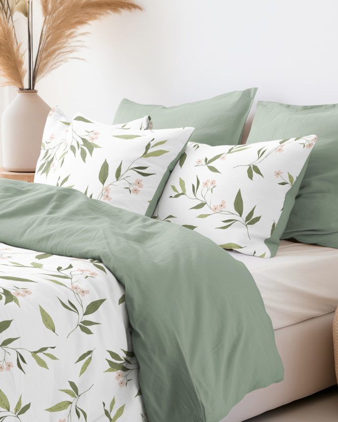 Bavlnené posteľné obliečky Duo - vôňa jazmínu s šalvejovo zelenou