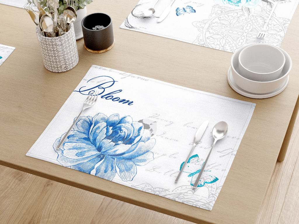 Prestieranie na stôl 100% bavlnené plátno - modré pivonky s textami - sada 2ks