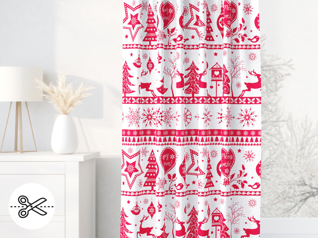 Vianočný bavlnený záves na mieru - červené vianočné symboly na bielom