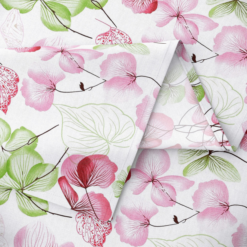 Oválny obrus 100% bavlnené plátno - ružovo-zelené kvety s listami