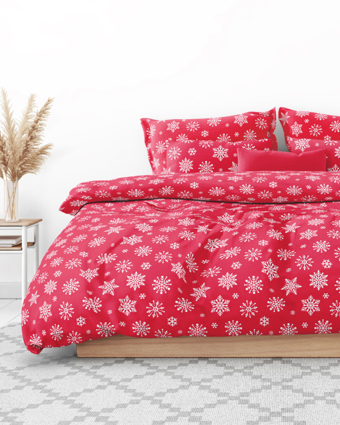 Vianočné bavlnené posteľné obliečky - vločky na žiarivo červenom