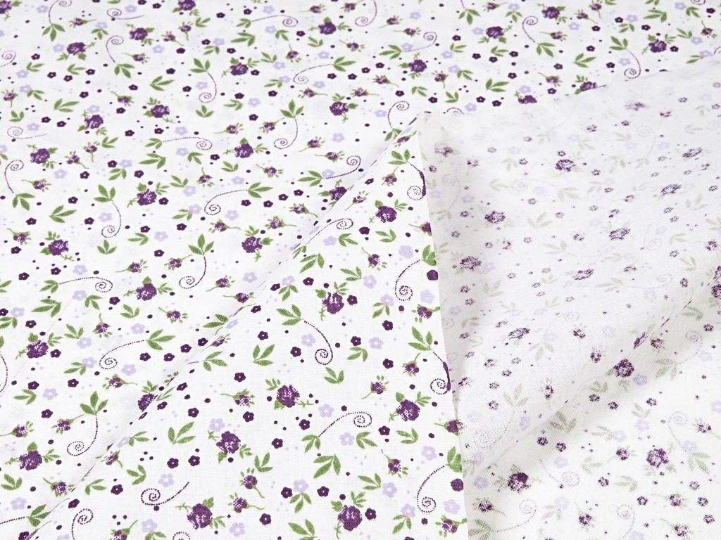 Bavlnené plátno - fialové ružičky na bielom