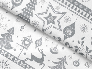 Bavlnené plátno SIMONA - vzor vianočné symboly na bielom - metráž š. 160cm