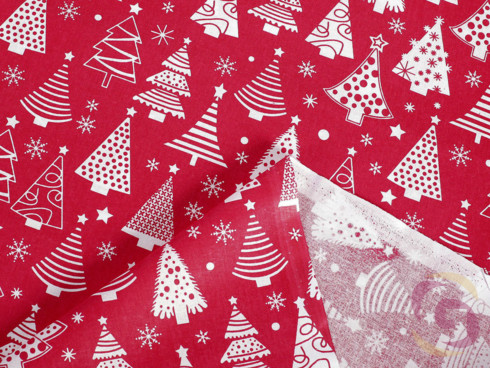 Bavlnená látka vianočný vzor stromčeky na červenom - detail 2