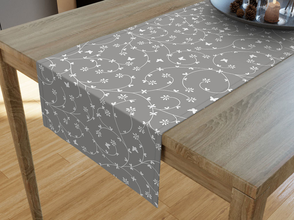 Behúň na stôl 100% bavlnené plátno - kvietky a motýle na sivom