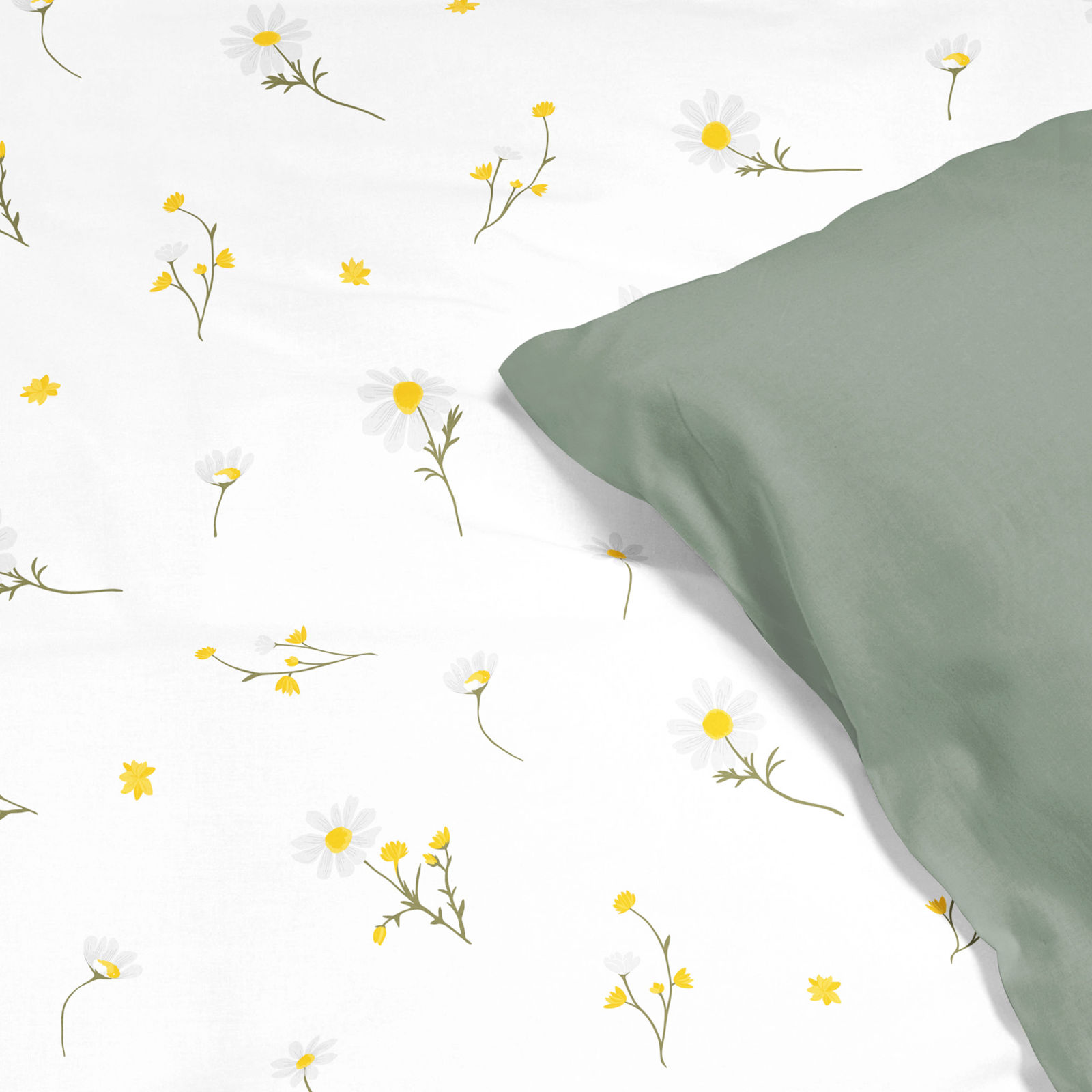 Bavlnené posteľné obliečky Duo - harmanček s šalvejovo zelenou