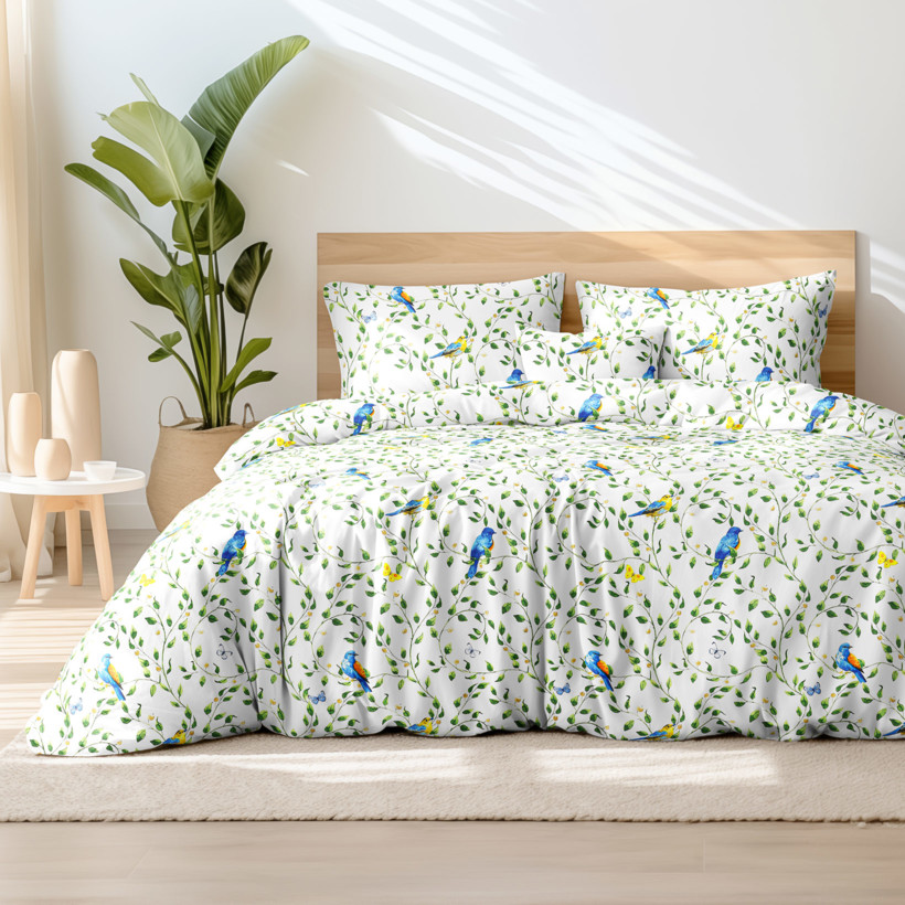 Bavlnené posteľné obliečky - farebné vtáčiky v záhrade