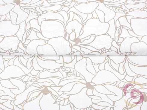 Bavlnené plátno SIMONA - vzor 1028 svetlo béžové kvety na bielom
