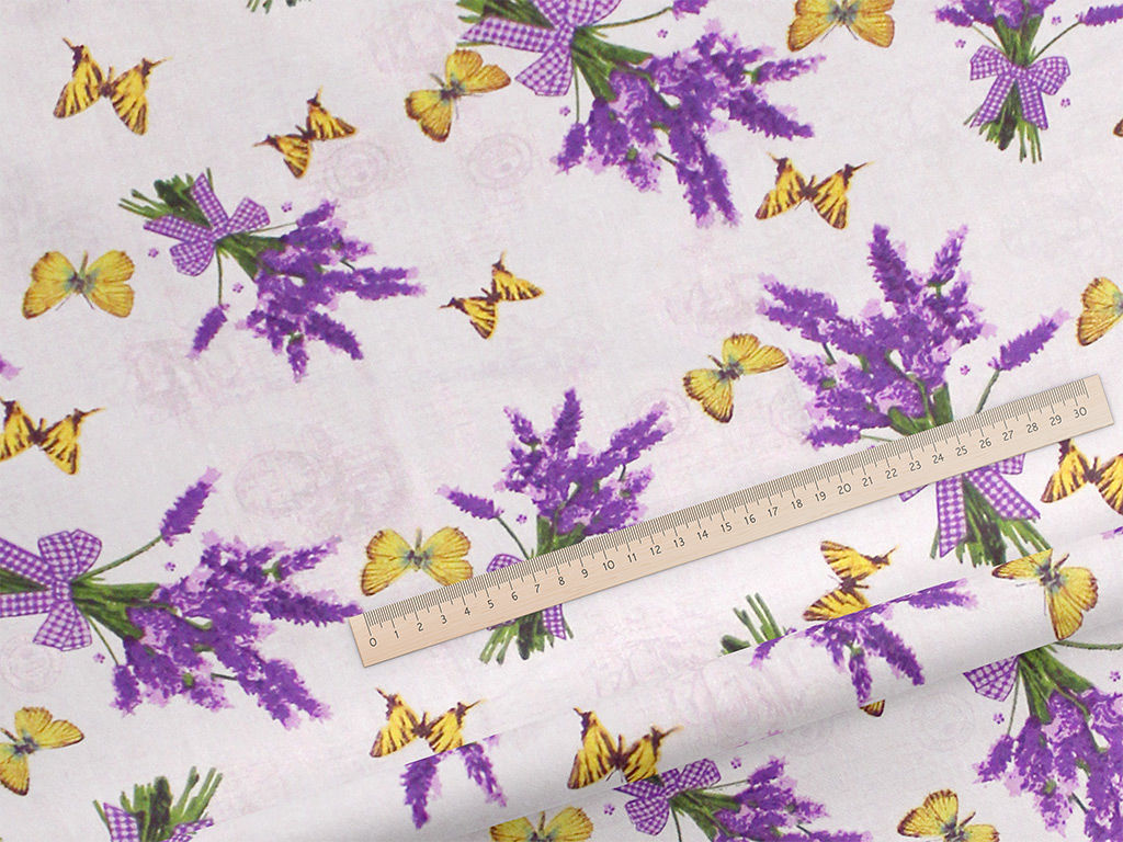 Bavlnené plátno - levanduľa s motýľmi